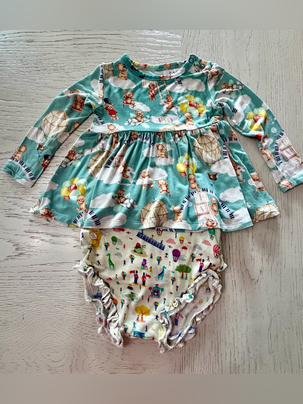 Posh Peanut FAO Schwarz Green Cloud Balloon Party Baby Shirt Bloomers Set 18 M